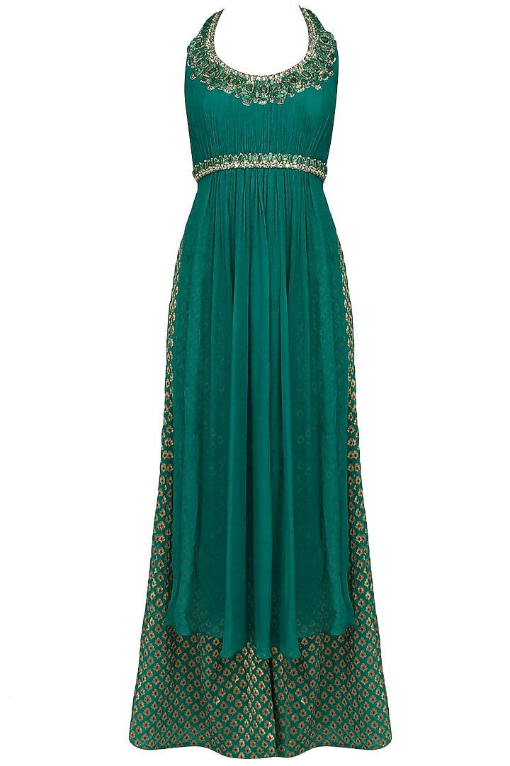 Aqua embroidered long top with banarsi brocade sharara pants available only at Pernia's Pop Up Shop.