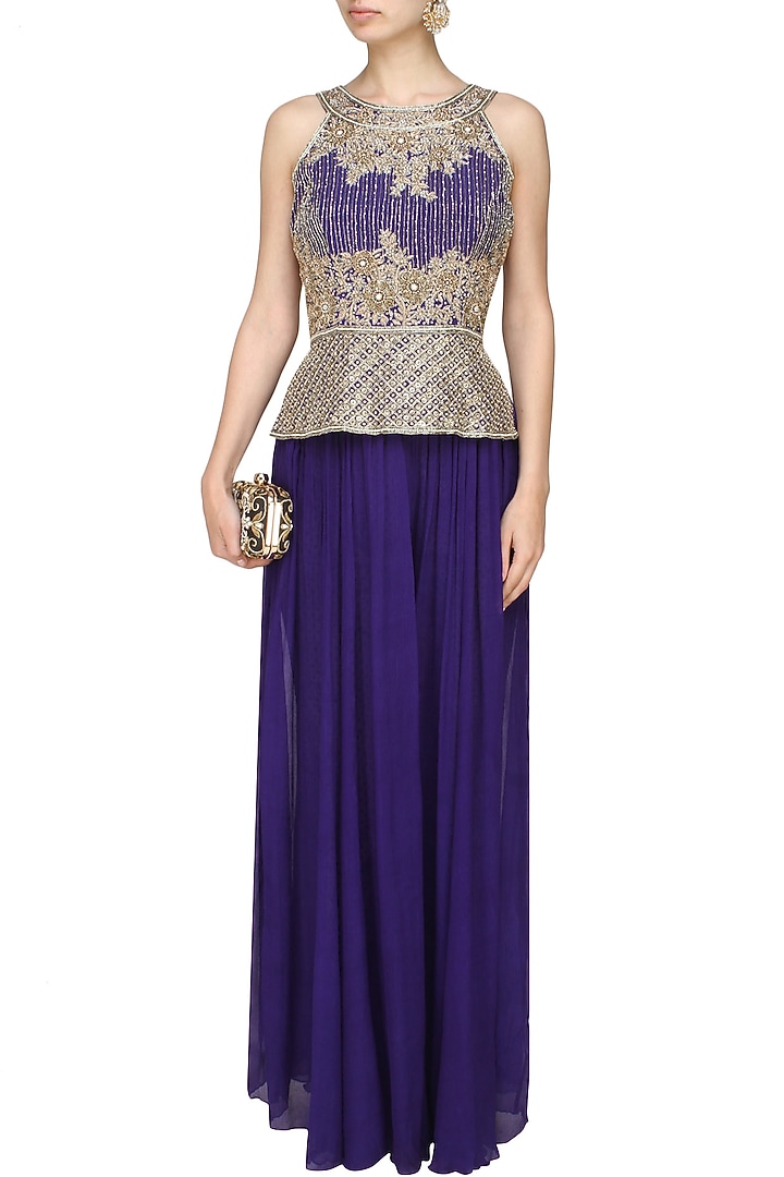 Royal blue fully embroidered peplum top with blue sharara pants available only at Pernia's Pop Up Shop.