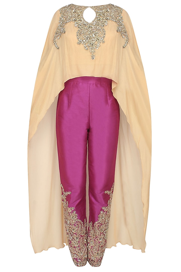 Gold jewel embroidered cape top with wine embellished trousers by Rabani & Rakha