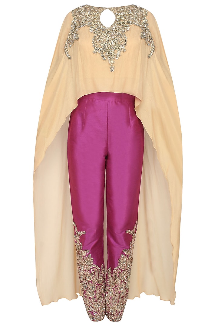 Gold jewel embroidered cape top with wine embellished trousers available only at Pernia's Pop Up Shop.
