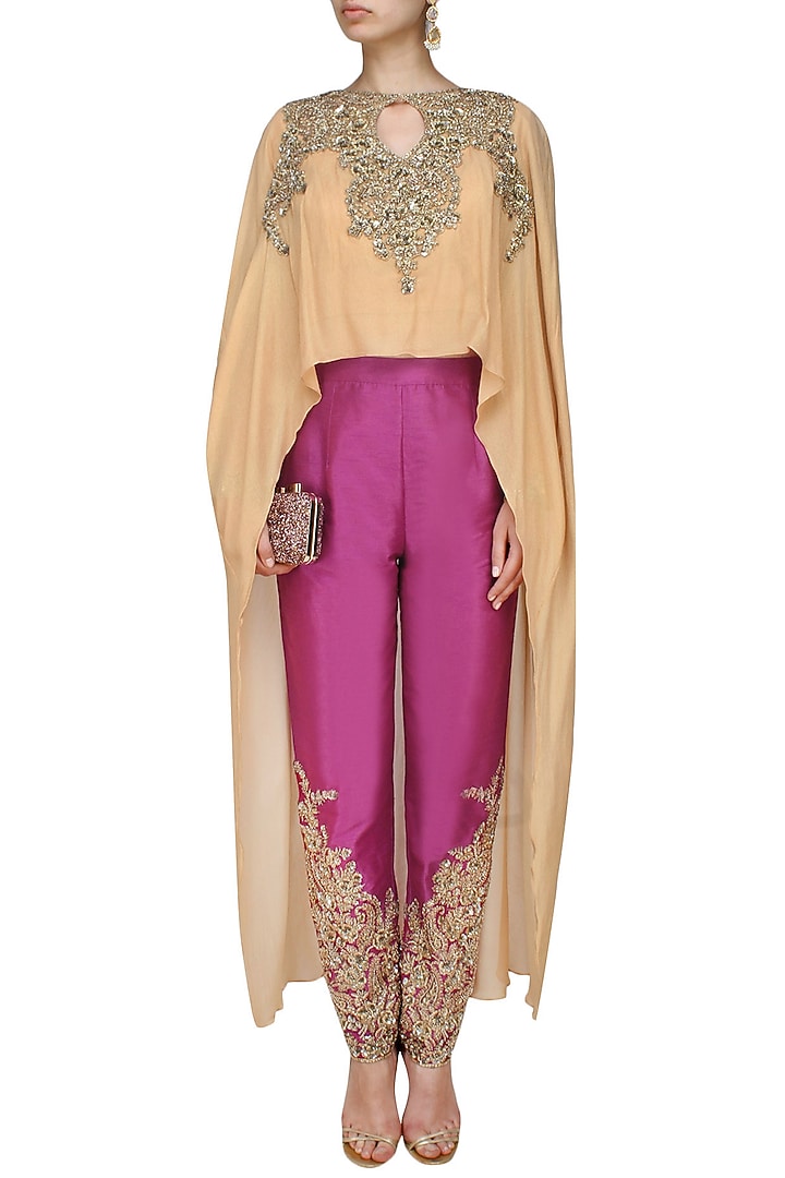 Gold jewel embroidered cape top with wine embellished trousers available only at Pernia's Pop Up Shop.