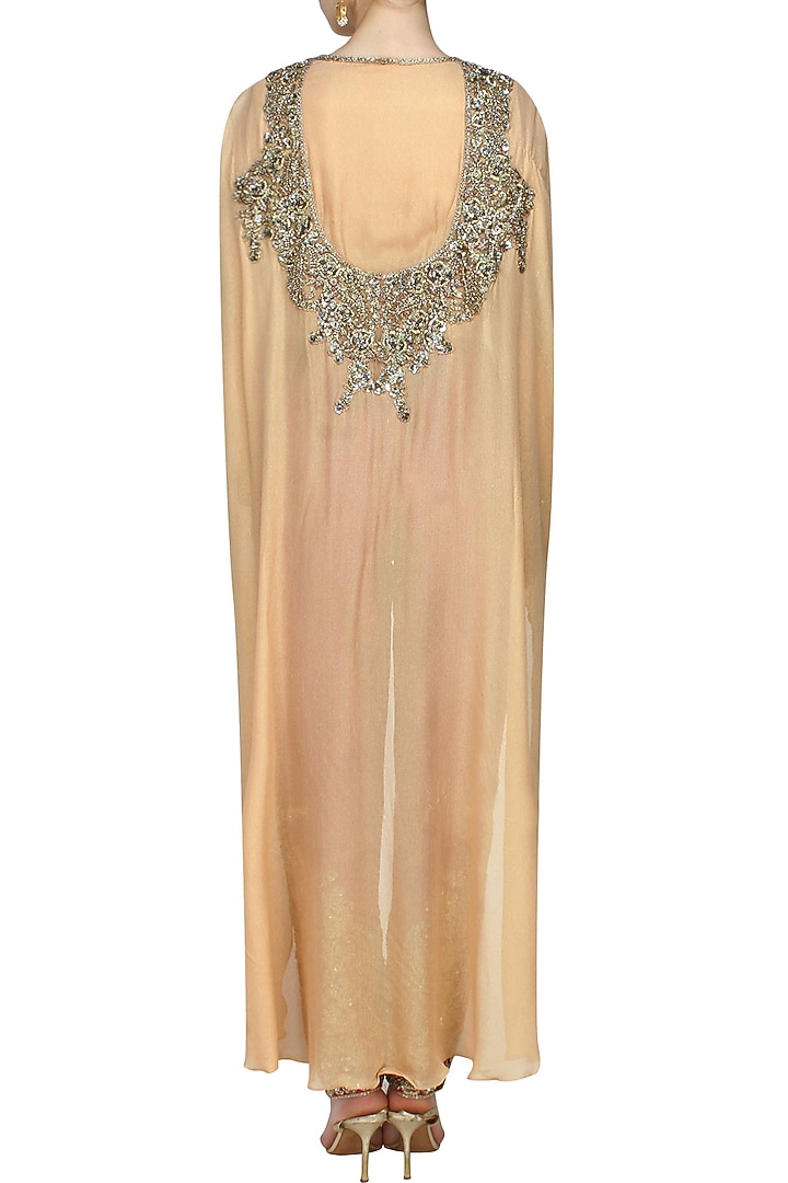 Gold jewel embroidered cape top with wine embellished trousers available only at Pernia's Pop Up Shop.