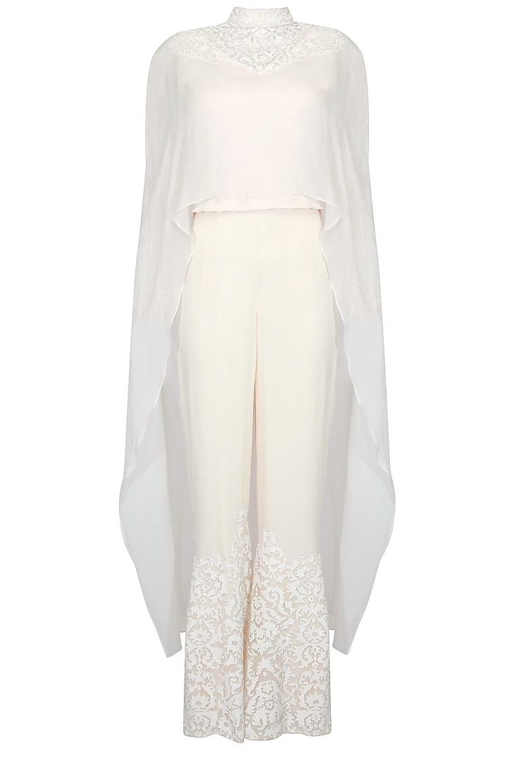 Ivory appliqued work cape top with palazzo pants by Rabani & Rakha