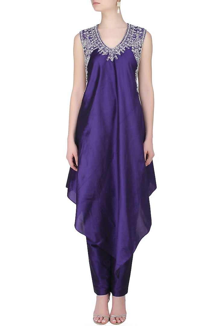 Blue embroidered long asymmetric top with trousers available only at Pernia's Pop Up Shop.