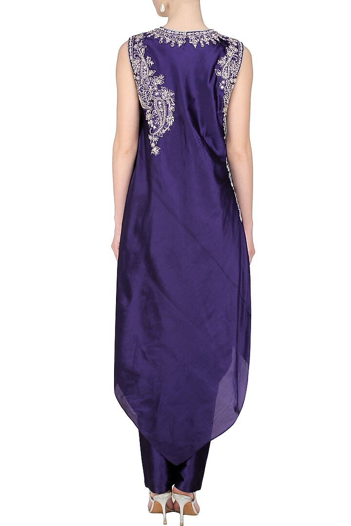 Blue embroidered long asymmetric top with trousers available only at Pernia's Pop Up Shop.
