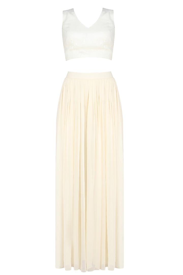 Ivory embroidered bolero with drape top and ivory pleated trousers available only at Pernia's Pop Up Shop.