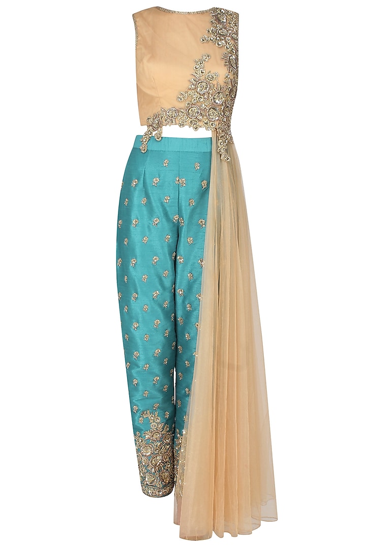 Gold jewel embroidered side palla top with turquoise trousers by Rabani & Rakha