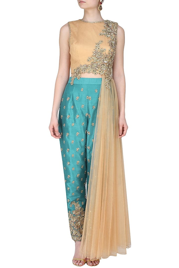 gold net side palla jewel yoke w. terq. silk trouser available only at Pernia's Pop Up Shop.
