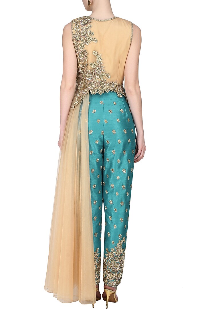 gold net side palla jewel yoke w. terq. silk trouser available only at Pernia's Pop Up Shop.