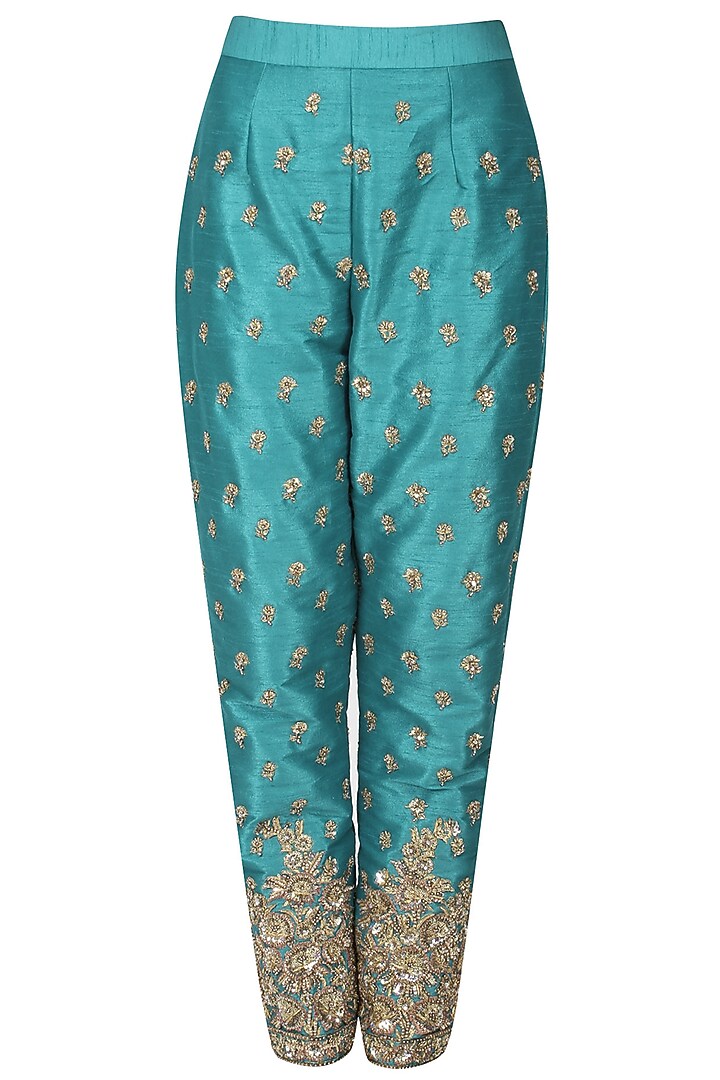 gold net side palla jewel yoke w. terq. silk trouser available only at Pernia's Pop Up Shop.