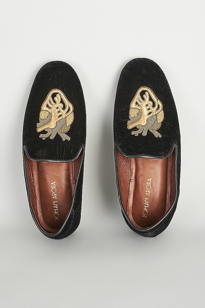 Black Velvet Embellished Loafers by ROHAN ARORA