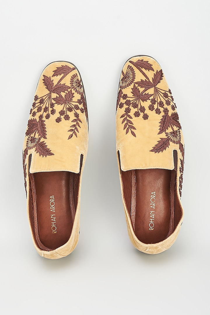 Beige Velvet Embellished Loafers by ROHAN ARORA
