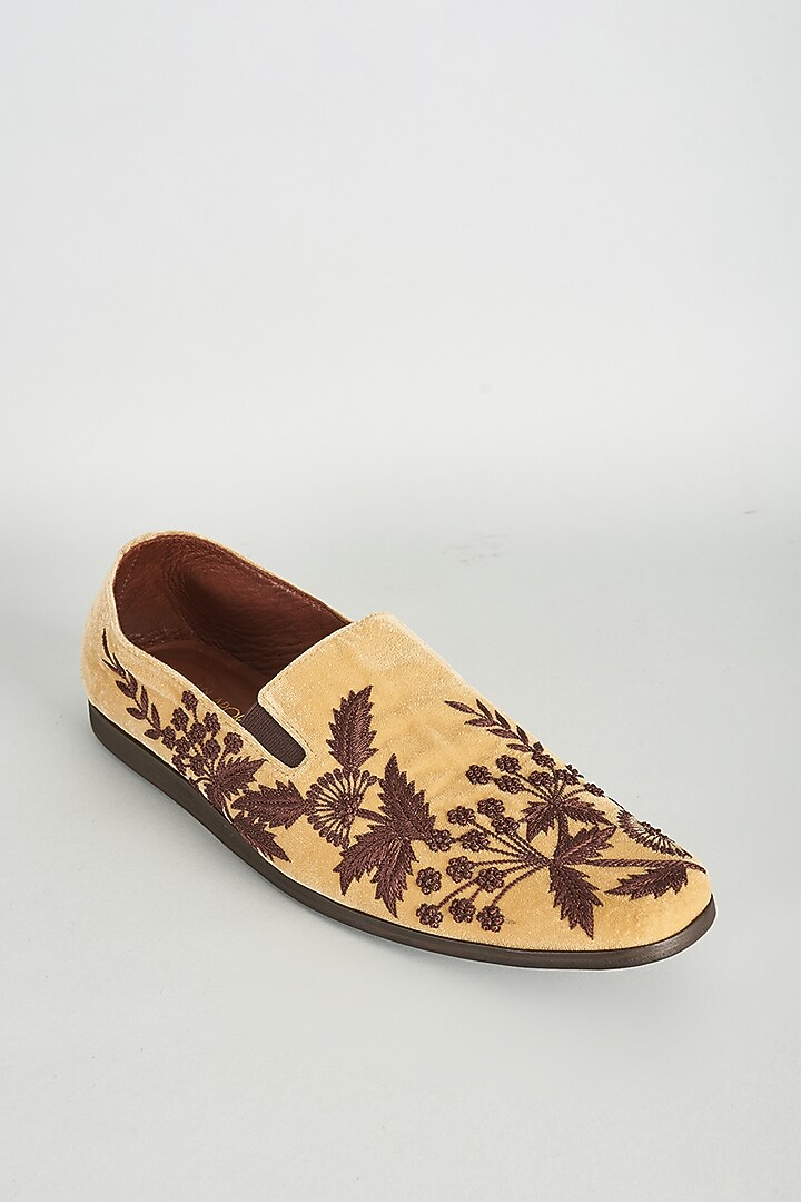Beige Velvet Embellished Loafers by ROHAN ARORA at Pernia's Pop Up Shop