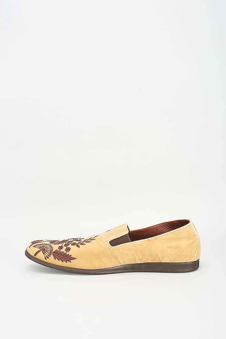 Beige Velvet Embellished Loafers by ROHAN ARORA at Pernia's Pop Up Shop