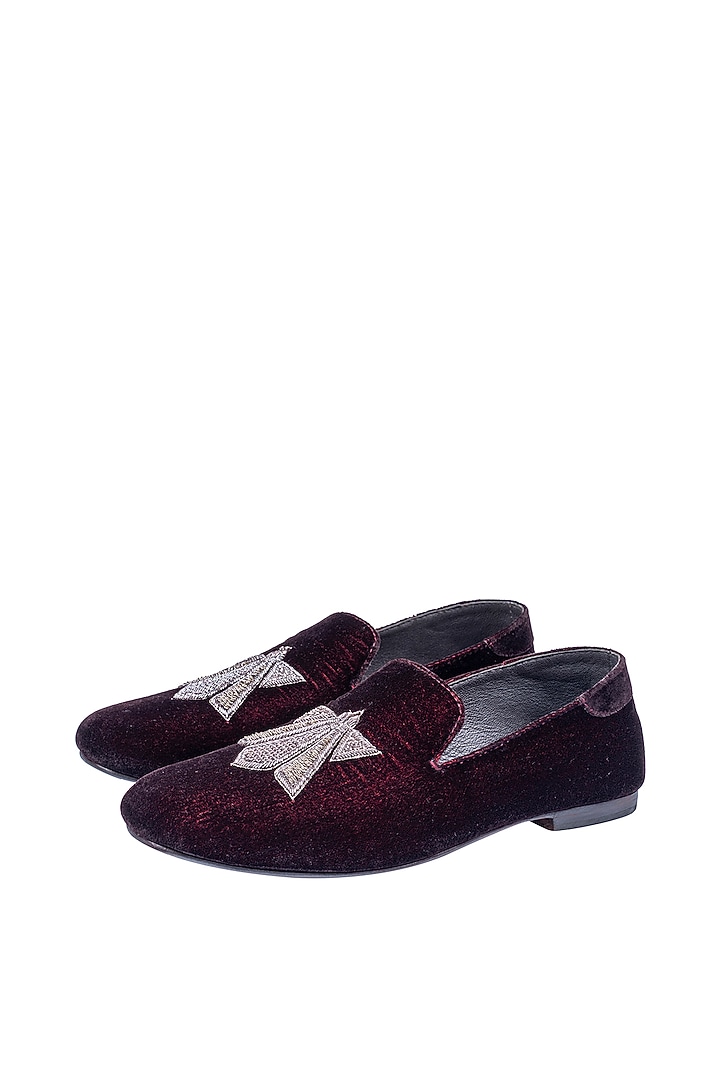Wine Velvet Embellished Loafers by ROHAN ARORA at Pernia's Pop Up Shop