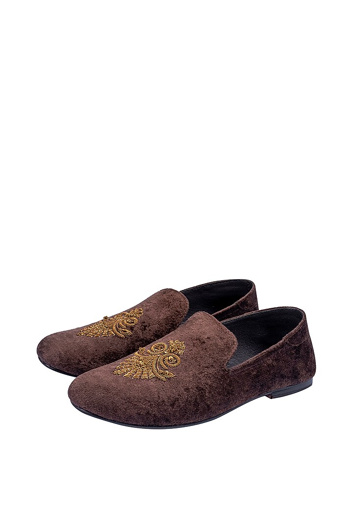 Brown Velvet Embellished Loafers by ROHAN ARORA at Pernia's Pop Up Shop