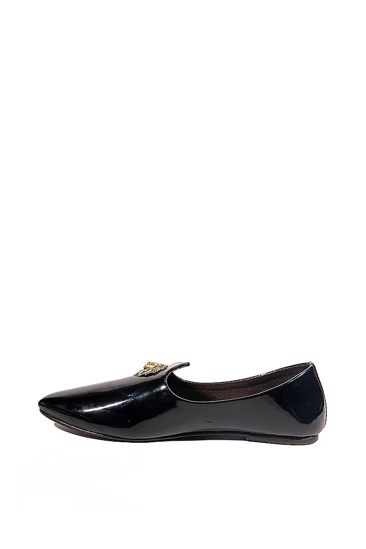 Black Leather Embellished Mojris by ROHAN ARORA at Pernia's Pop Up Shop