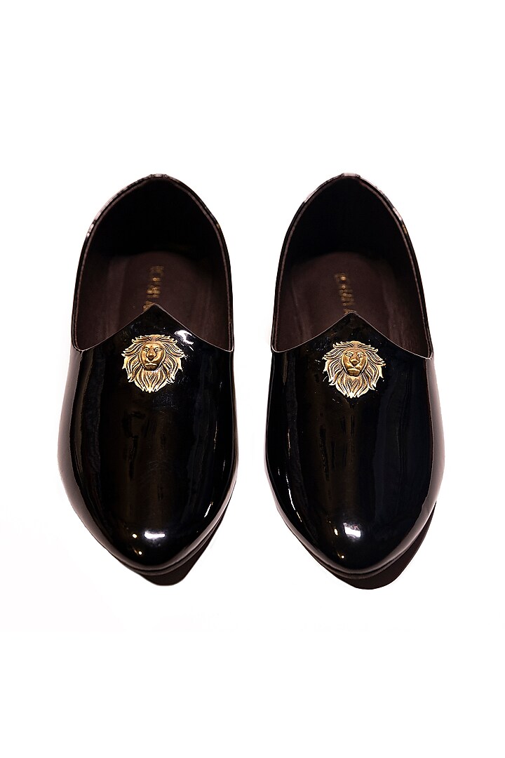 Black Leather Embellished Mojris by ROHAN ARORA at Pernia's Pop Up Shop