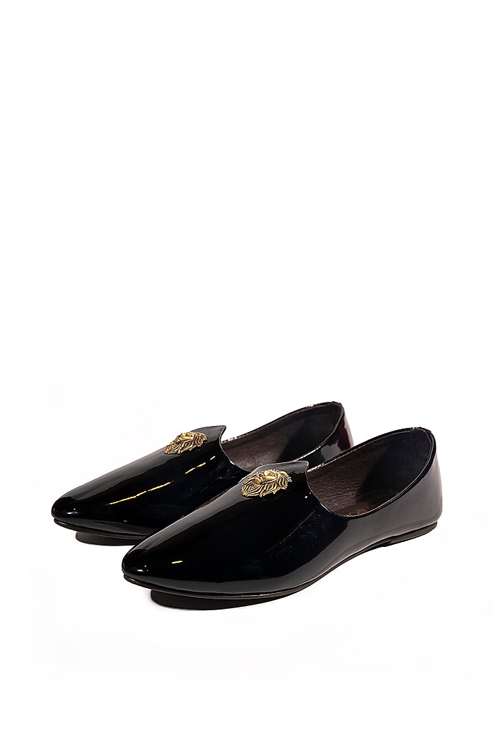 Black Leather Embellished Mojris by ROHAN ARORA at Pernia's Pop Up Shop