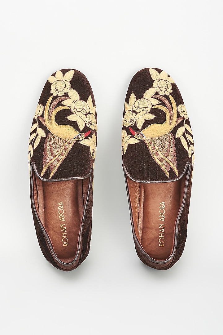 Brown Velvet Embellished Loafers by ROHAN ARORA