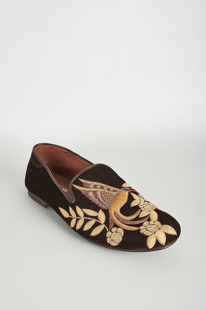 Brown Velvet Embellished Loafers by ROHAN ARORA at Pernia's Pop Up Shop
