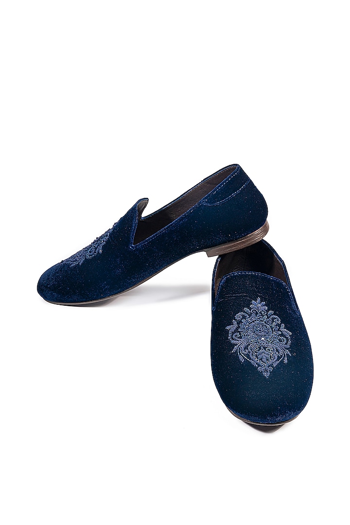 Deep Blue Velvet Embellished Loafers by ROHAN ARORA