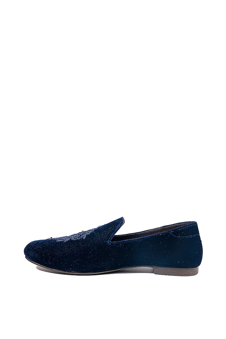 Deep Blue Velvet Embellished Loafers by ROHAN ARORA at Pernia's Pop Up Shop