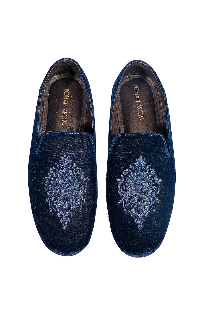 Deep Blue Velvet Embellished Loafers by ROHAN ARORA at Pernia's Pop Up Shop