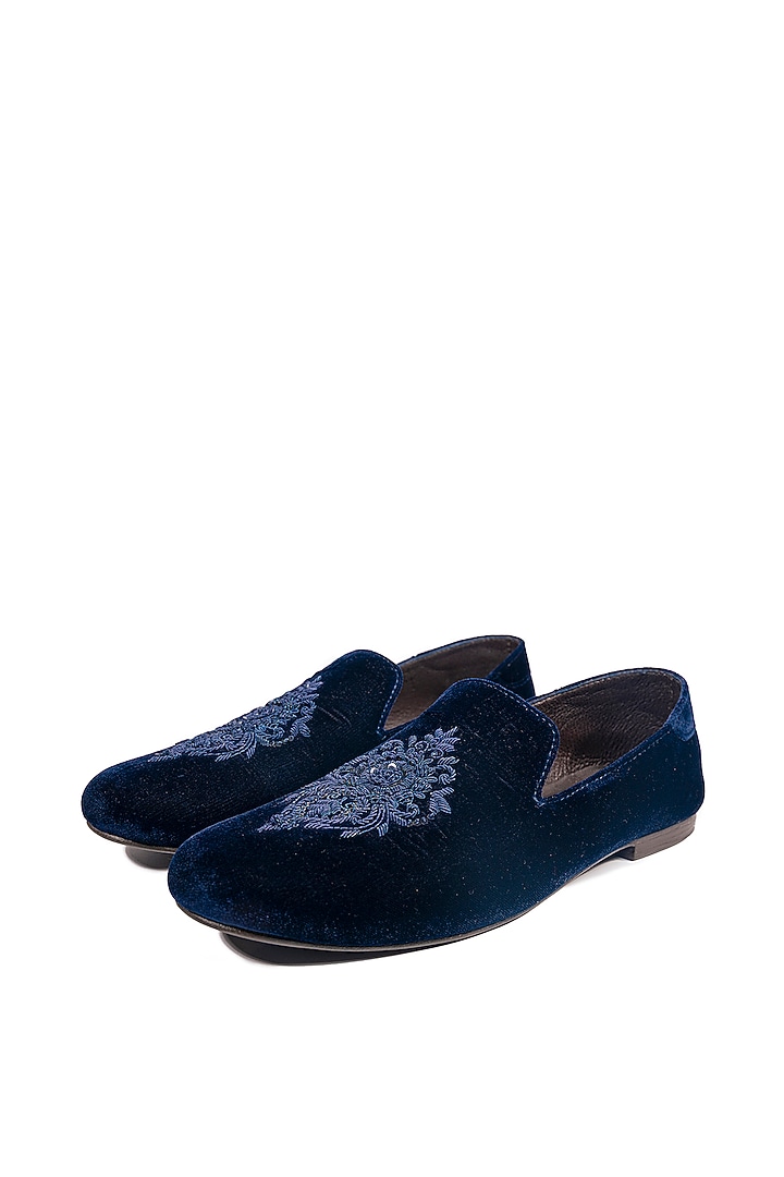 Deep Blue Velvet Embellished Loafers by ROHAN ARORA at Pernia's Pop Up Shop