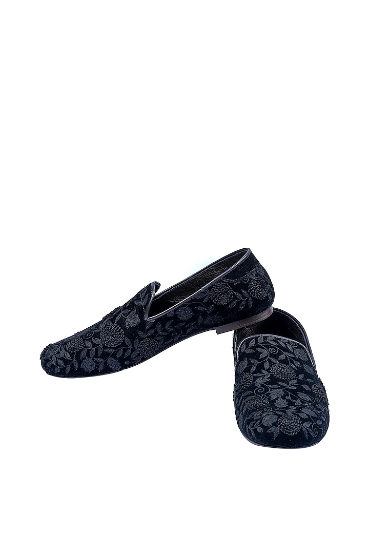 Black Velvet Embellished Loafers by ROHAN ARORA
