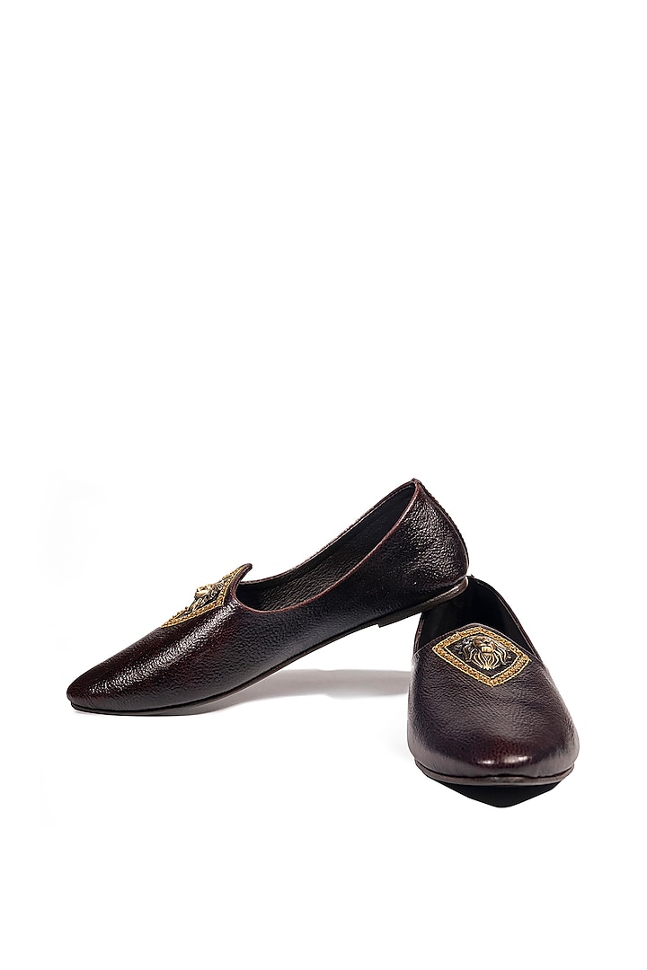 Bombay Brown Leather Embellished Mojris by ROHAN ARORA