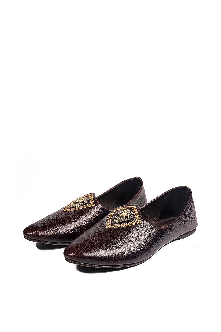 Bombay Brown Leather Embellished Mojris by ROHAN ARORA at Pernia's Pop Up Shop