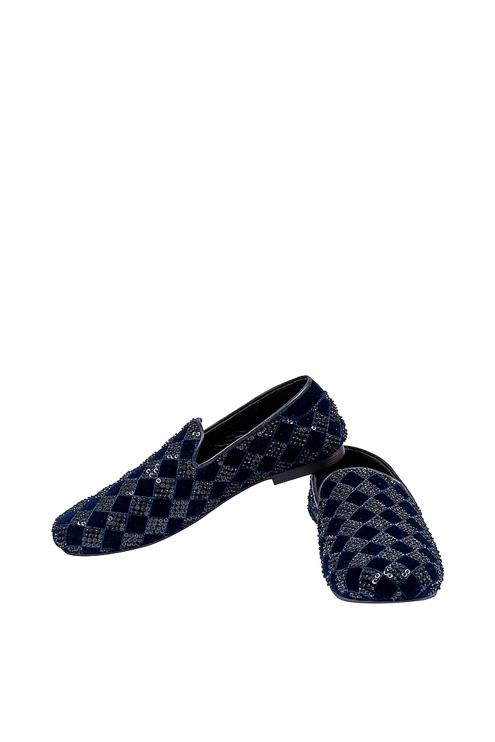 Blue Velvet Embellished Loafers by ROHAN ARORA