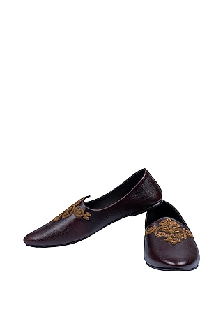 Tan Brown Leather Embellished Mojaris by ROHAN ARORA