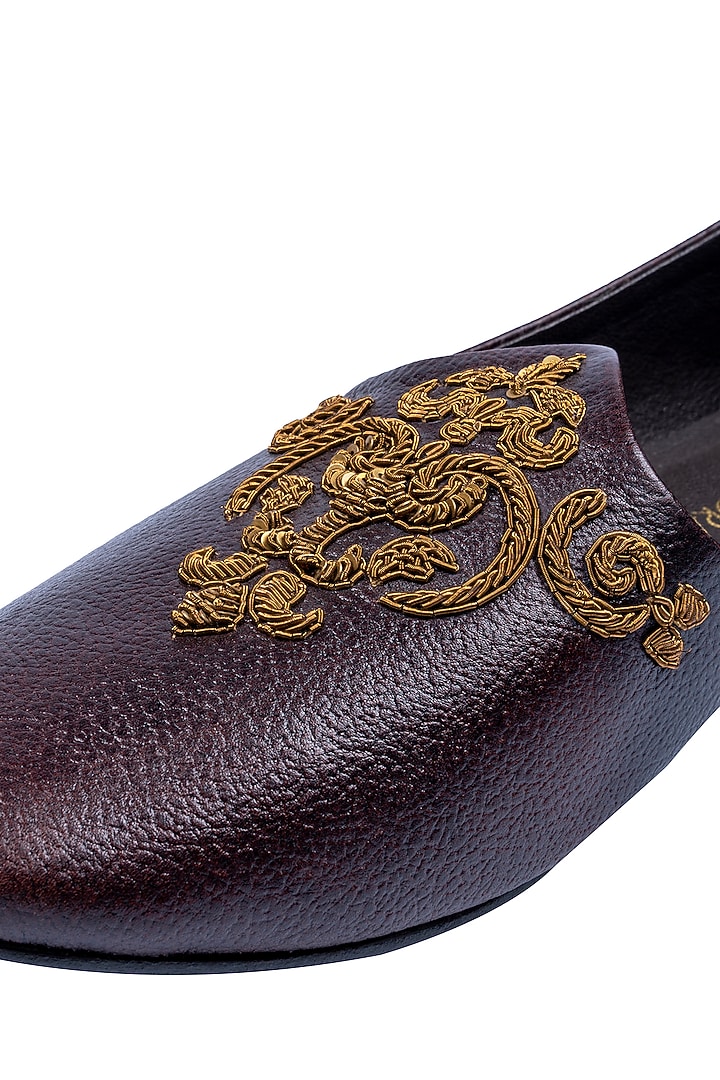 Tan Brown Leather Embellished Mojaris by ROHAN ARORA at Pernia's Pop Up Shop