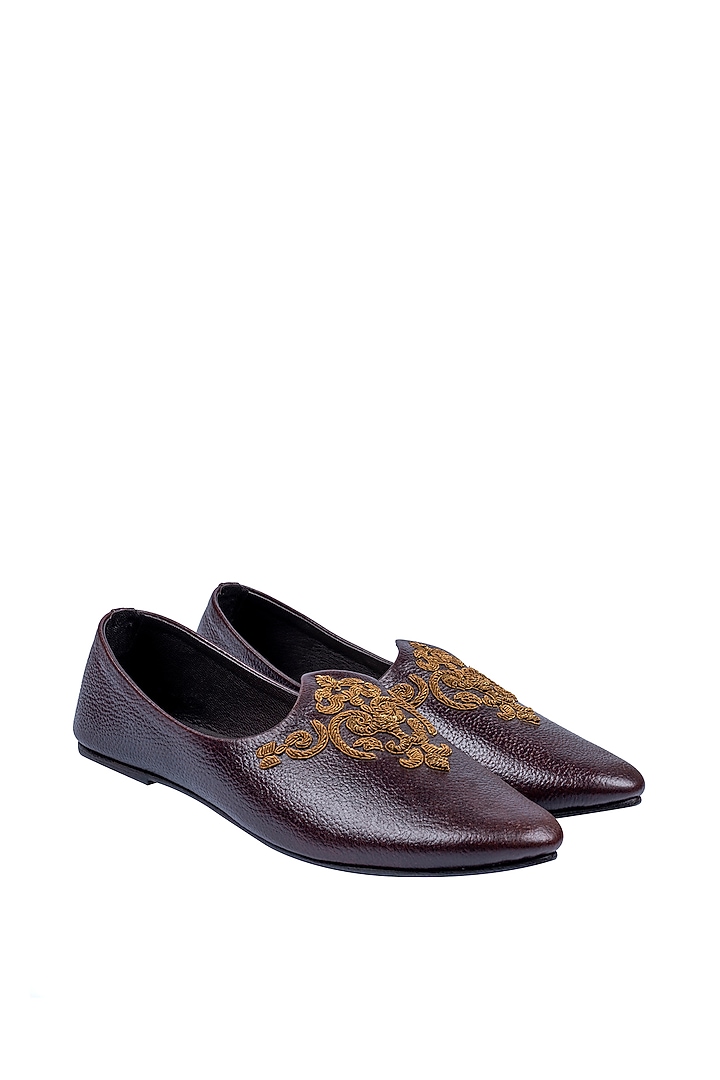 Tan Brown Leather Embellished Mojaris by ROHAN ARORA at Pernia's Pop Up Shop