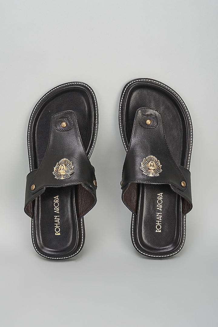 Black Leather Embellished Sandals by ROHAN ARORA
