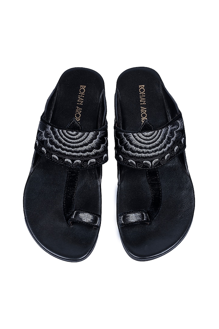 Black Velvet & Leather Embellished Sandals by ROHAN ARORA