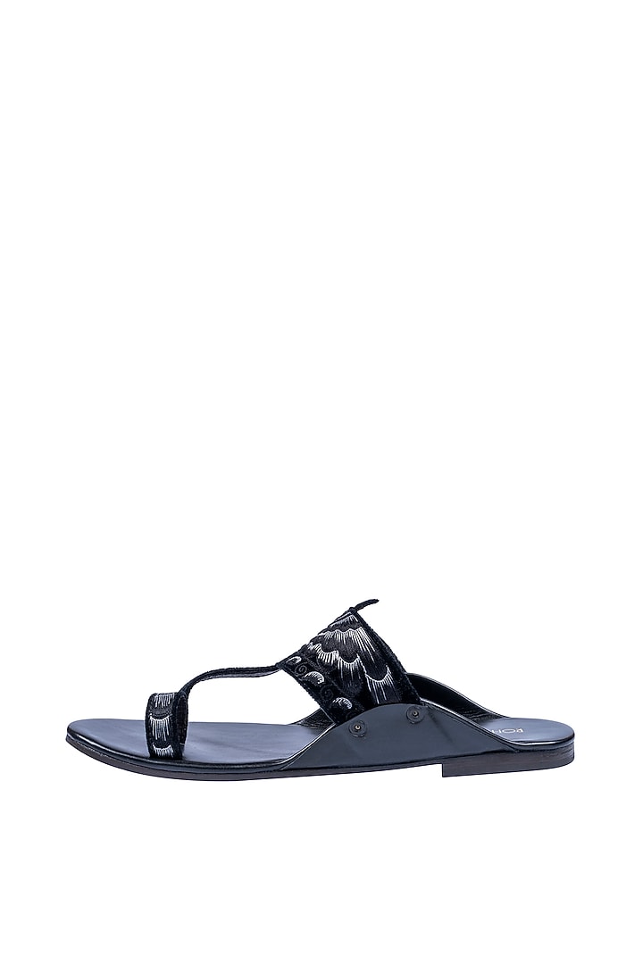 Black Velvet & Leather Embellished Sandals by ROHAN ARORA at Pernia's Pop Up Shop
