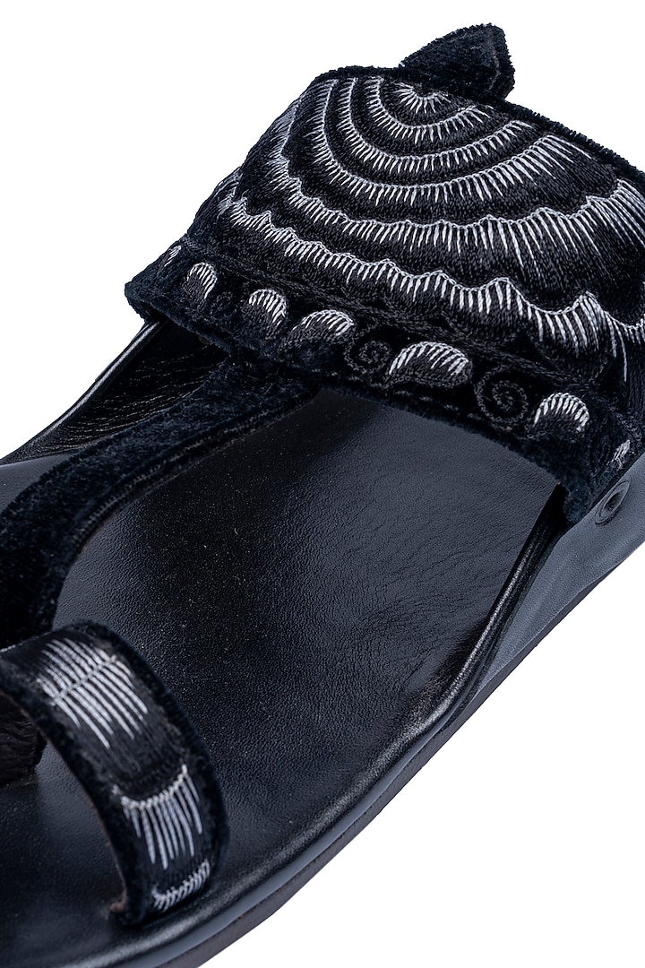 Black Velvet & Leather Embellished Sandals by ROHAN ARORA at Pernia's Pop Up Shop