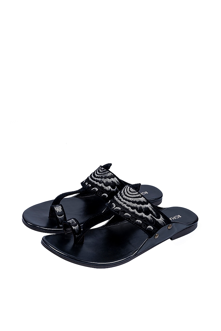 Black Velvet & Leather Embellished Sandals by ROHAN ARORA at Pernia's Pop Up Shop