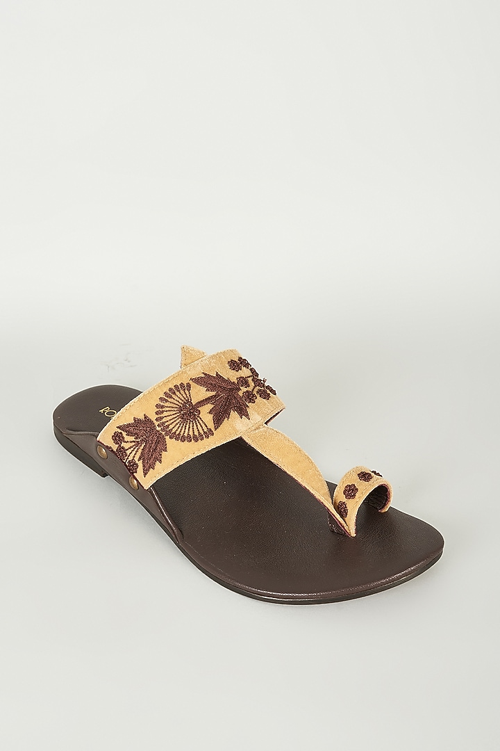 Beige Velvet & Leather Embellished Sandals by ROHAN ARORA at Pernia's Pop Up Shop