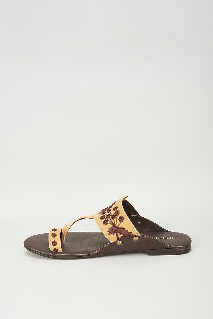 Beige Velvet & Leather Embellished Sandals by ROHAN ARORA at Pernia's Pop Up Shop