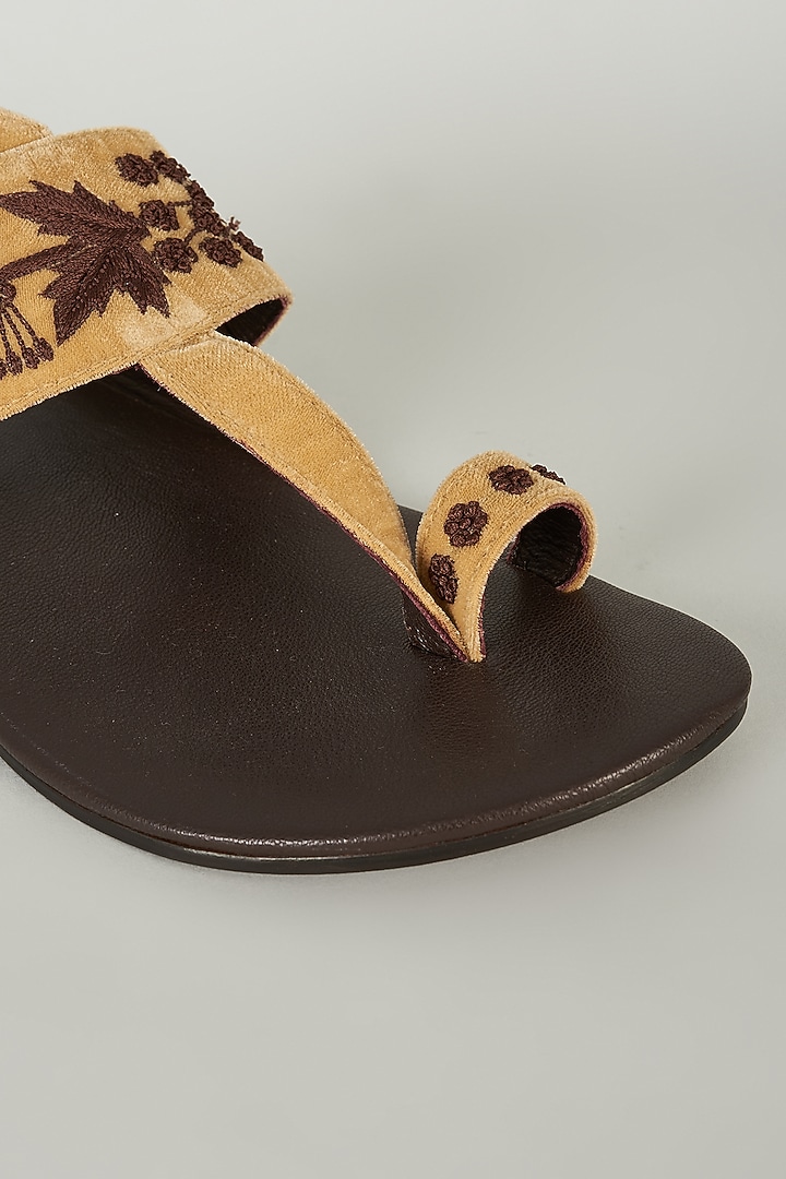 Beige Velvet & Leather Embellished Sandals by ROHAN ARORA at Pernia's Pop Up Shop