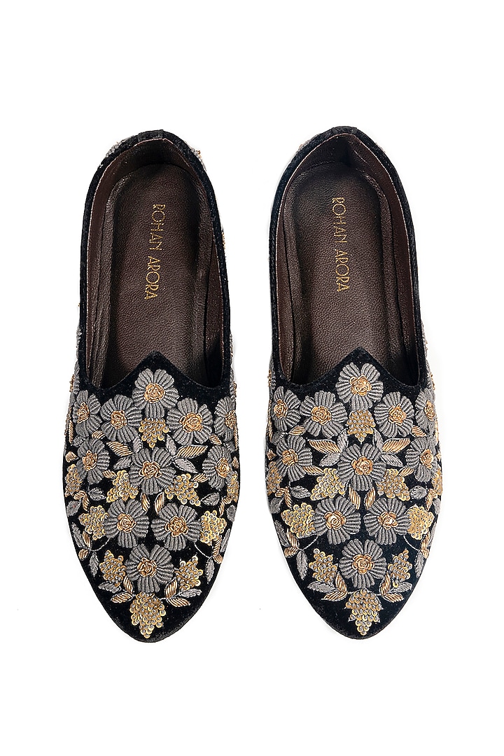 Black Velvet Embellished Mojris by ROHAN ARORA at Pernia's Pop Up Shop