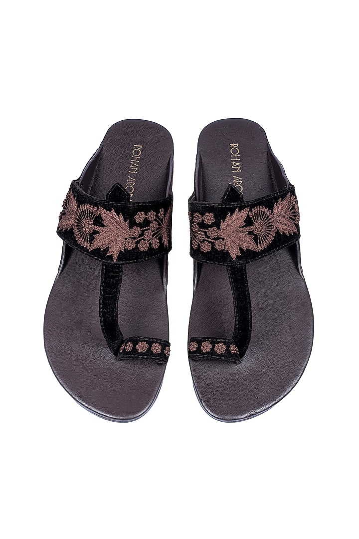 Brown Velvet & Leather Embellished Sandals by ROHAN ARORA