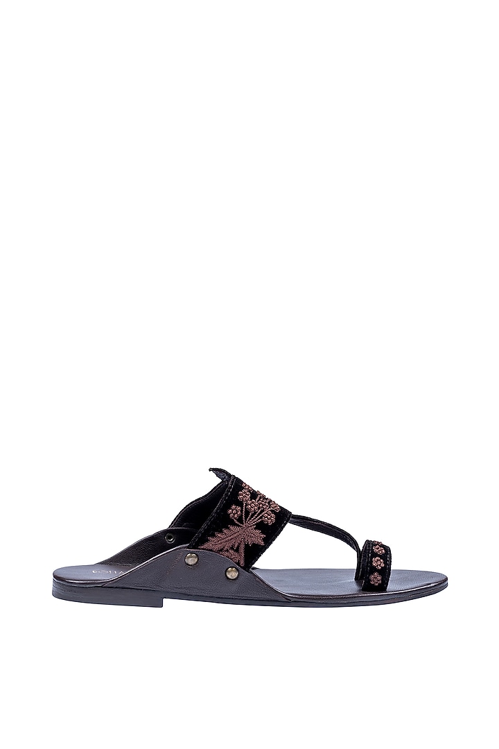 Brown Velvet & Leather Embellished Sandals by ROHAN ARORA at Pernia's Pop Up Shop