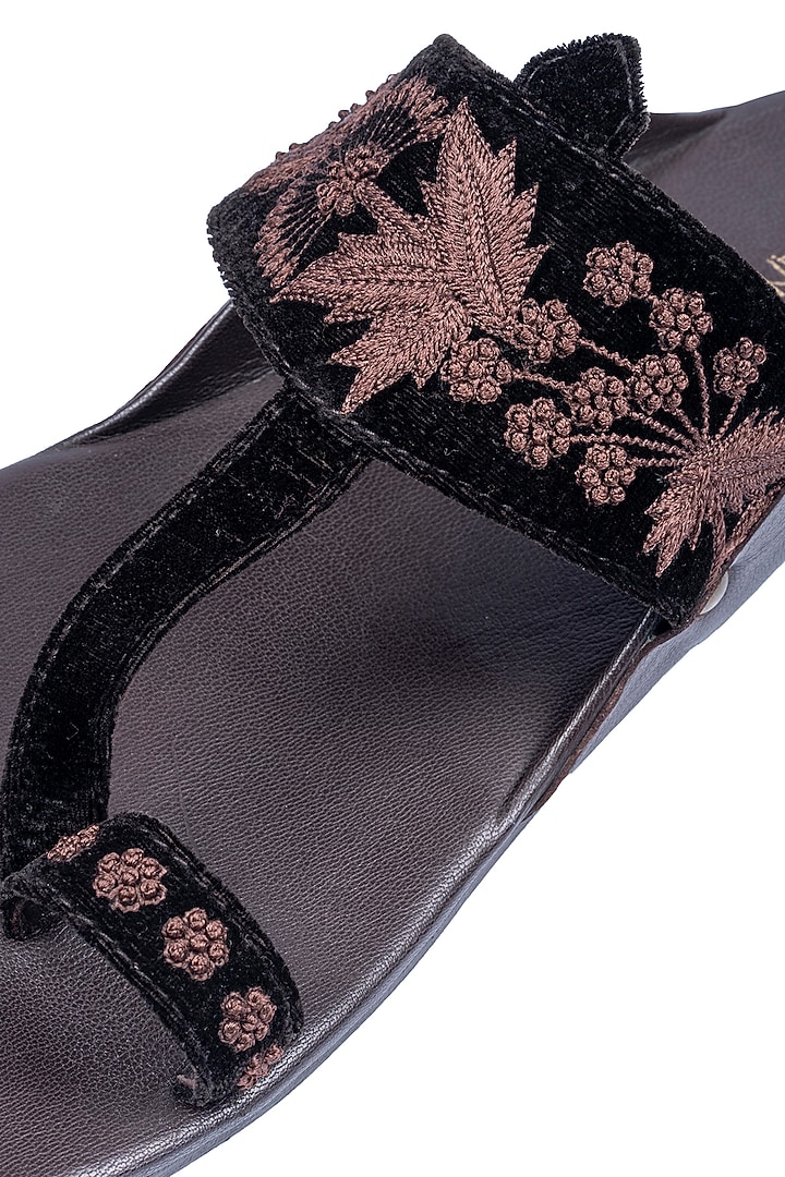 Brown Velvet & Leather Embellished Sandals by ROHAN ARORA at Pernia's Pop Up Shop