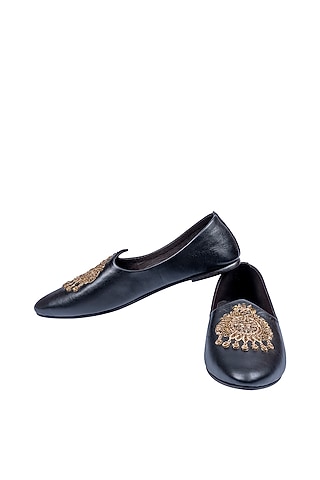 Black Leather Embellished Mojris by ROHAN ARORA