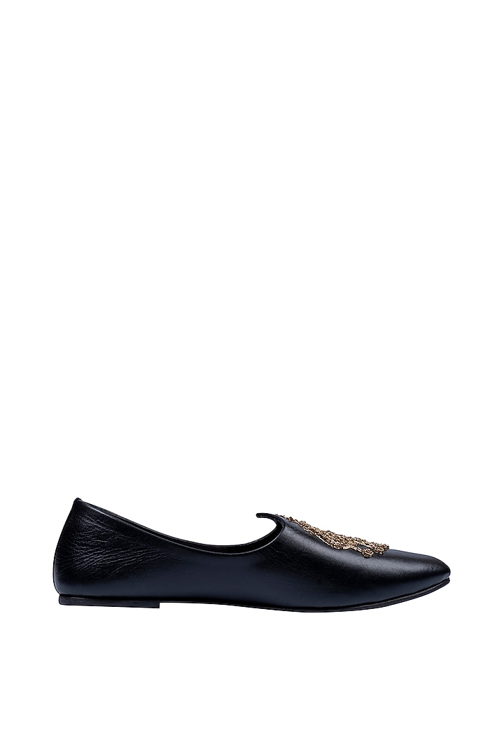 Black Leather Embellished Mojris by ROHAN ARORA at Pernia's Pop Up Shop